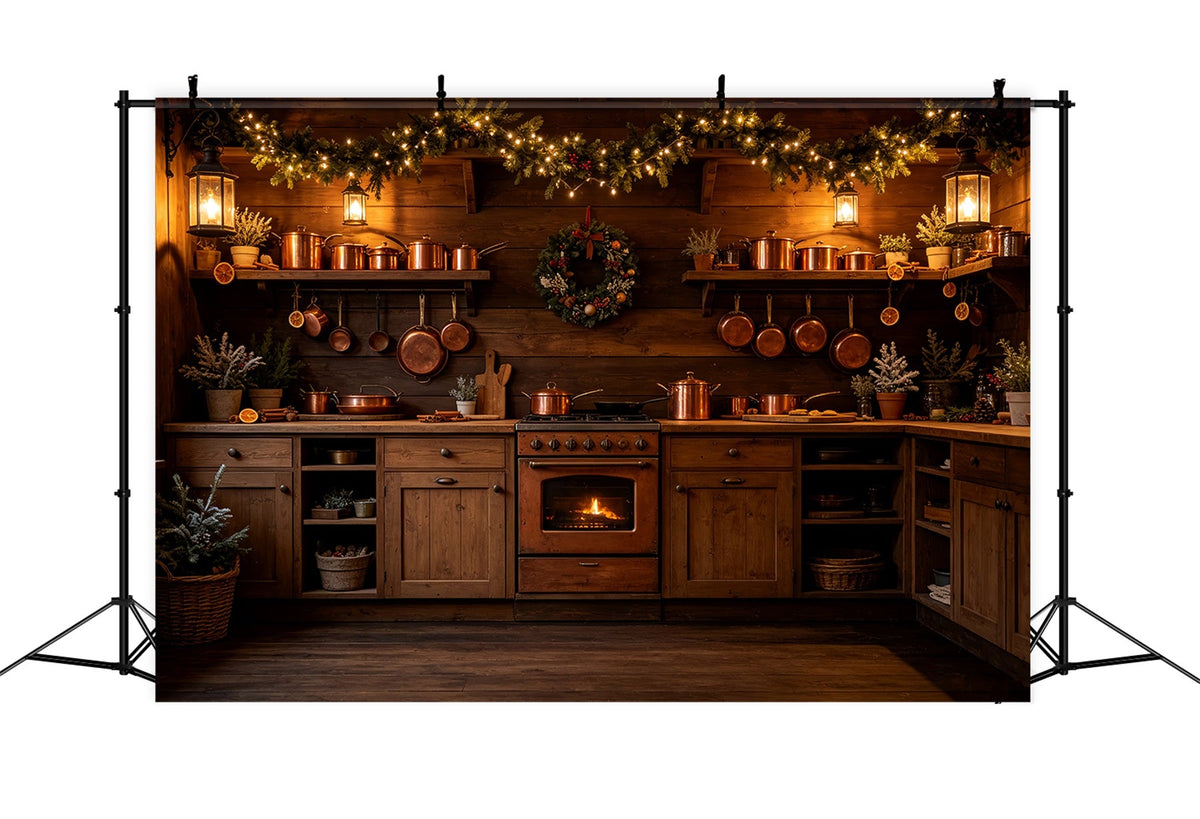 Christmas Kitchen Backdrop Rustic Copper Lights Hearth Wall Backdrop Christmas UK CSH69-21