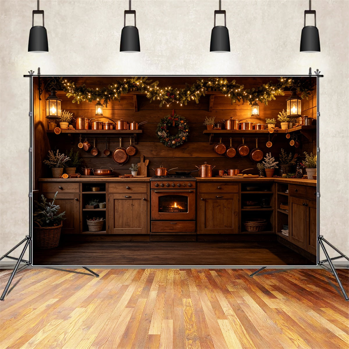 Christmas Kitchen Backdrop Rustic Copper Lights Hearth Wall Backdrop Christmas UK CSH69-21
