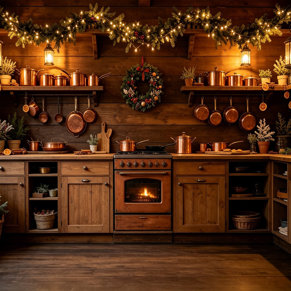 Christmas Kitchen Backdrop Rustic Copper Lights Hearth Wall Backdrop Christmas UK CSH69-21