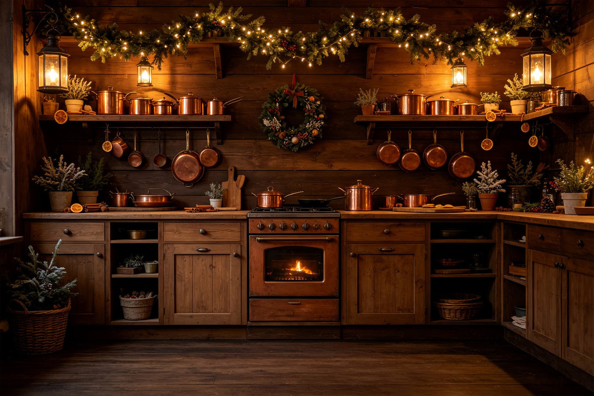 Christmas Kitchen Backdrop Rustic Copper Lights Hearth Wall Backdrop Christmas UK CSH69-21