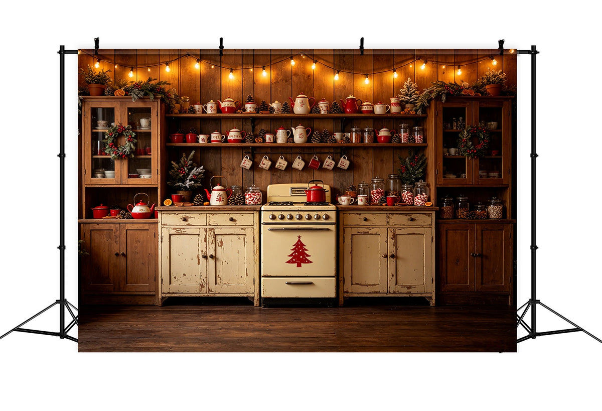 Christmas Kitchen Backdrop Vintage Red Teapot Display Muslin Christmas Backdrop UK CSH69-22