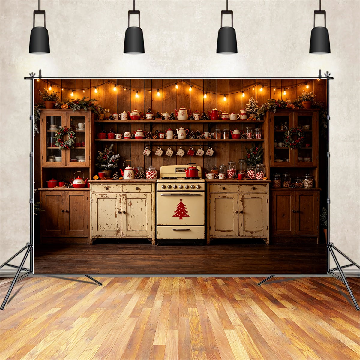Christmas Kitchen Backdrop Vintage Red Teapot Display Muslin Christmas Backdrop UK CSH69-22