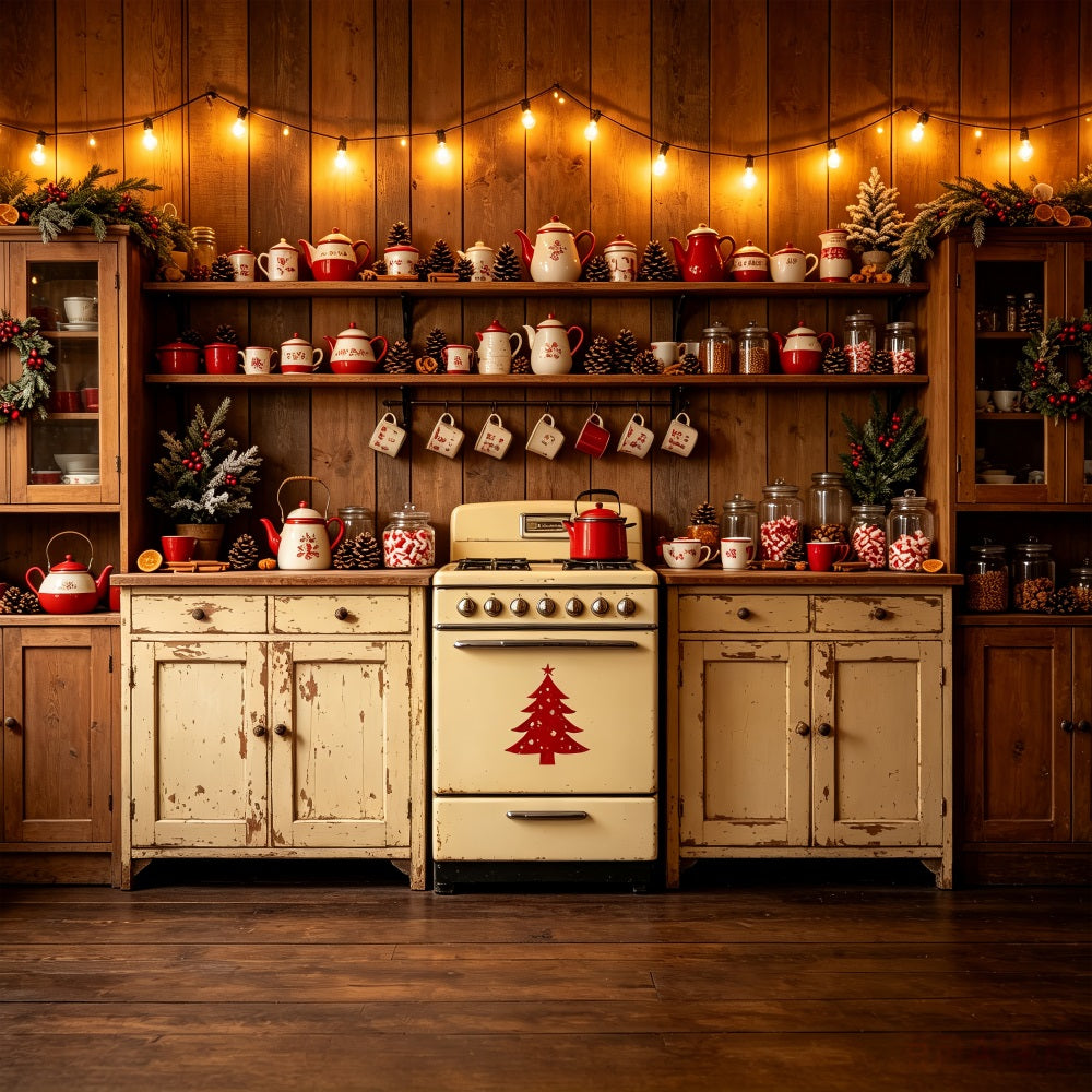 Christmas Kitchen Backdrop Vintage Red Teapot Display Muslin Christmas Backdrop UK CSH69-22