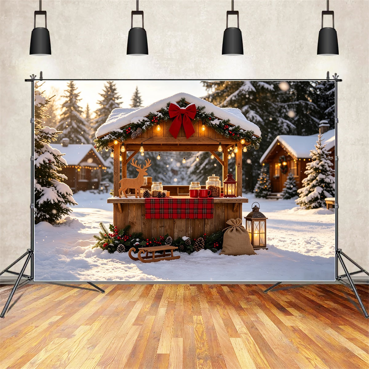 Snowy Christmas Backdrop Winter Rustic Market Stall Christmas Backdrops UK CSH69-27
