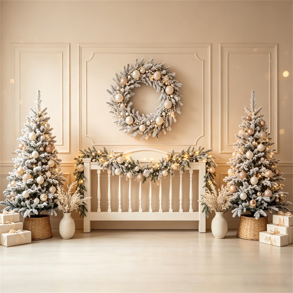 Christmas Headboard Backdrop Ivory Frosted Wreath Display Christmas Photo Backdrops UK CSH69-29
