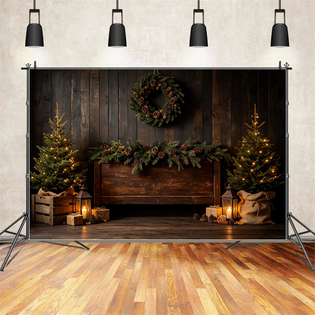 Wooden Christmas Backdrop Rustic Pine Lantern Display Backdrop Christmas UK CSH69-30