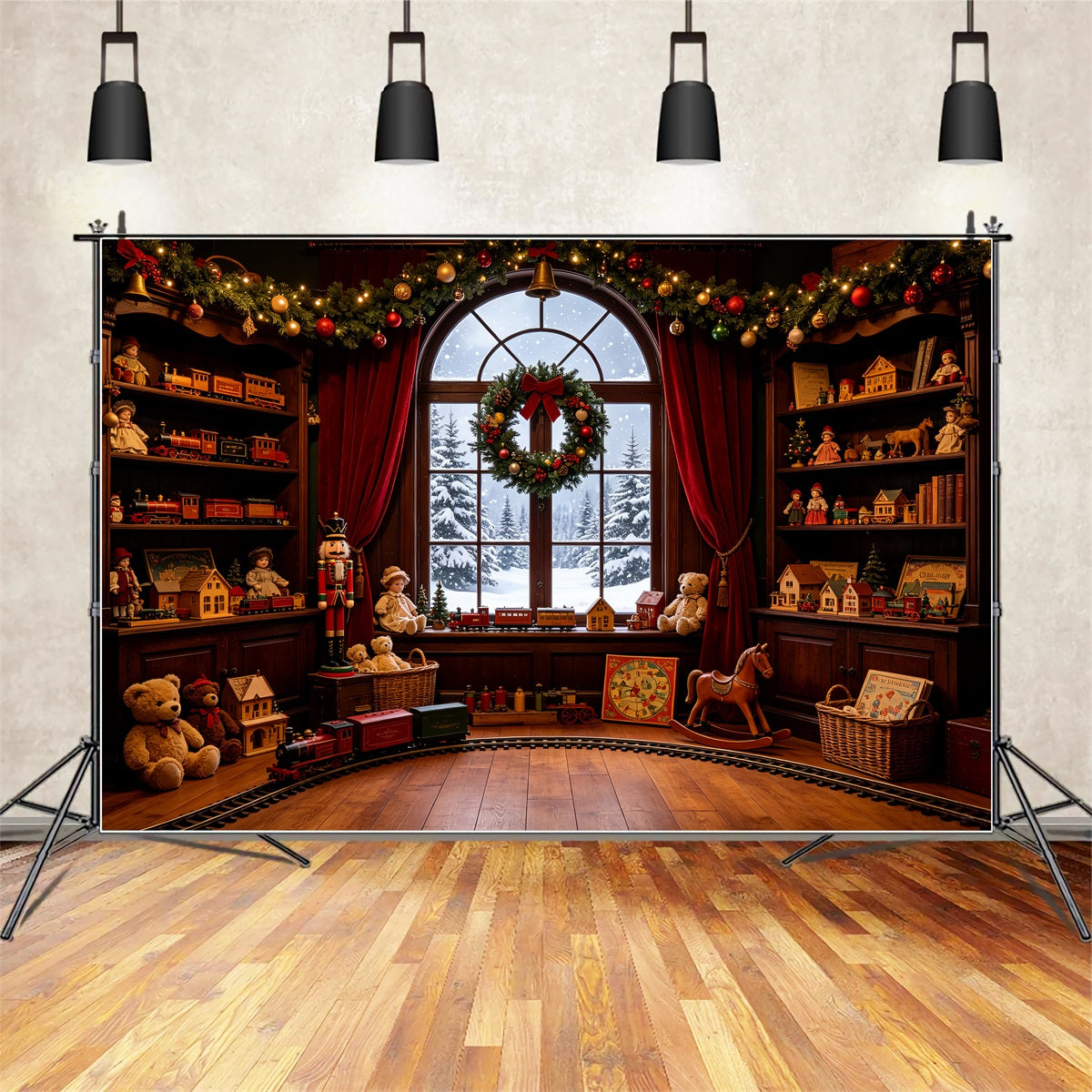 Vintage Christmas Backdrop Toy Train Room Window Large Christmas Backdrops UK CSH69-35