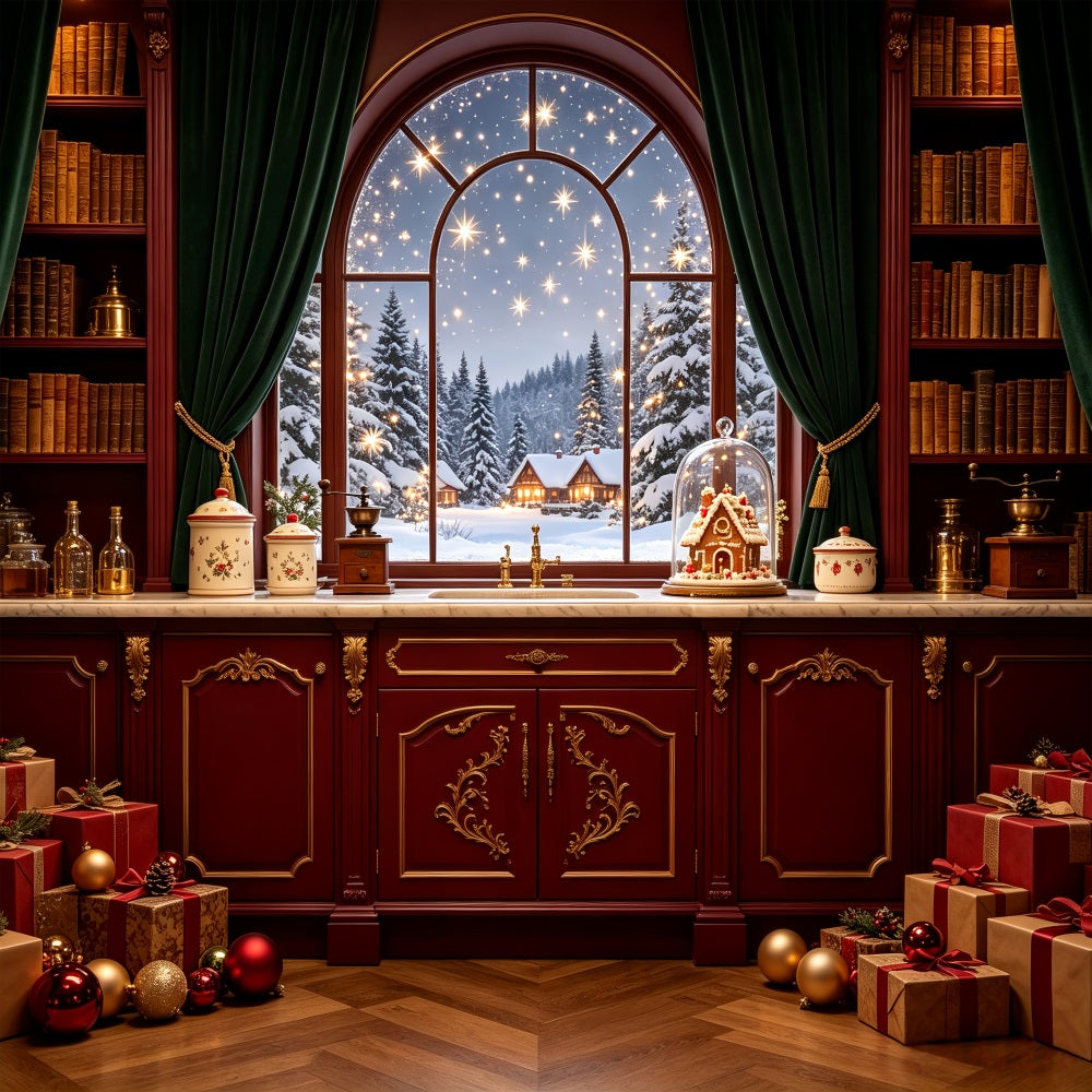 Christmas Night Backdrop Snowy Cottage Window Pantry Photography Christmas Backdrops UK CSH69-37