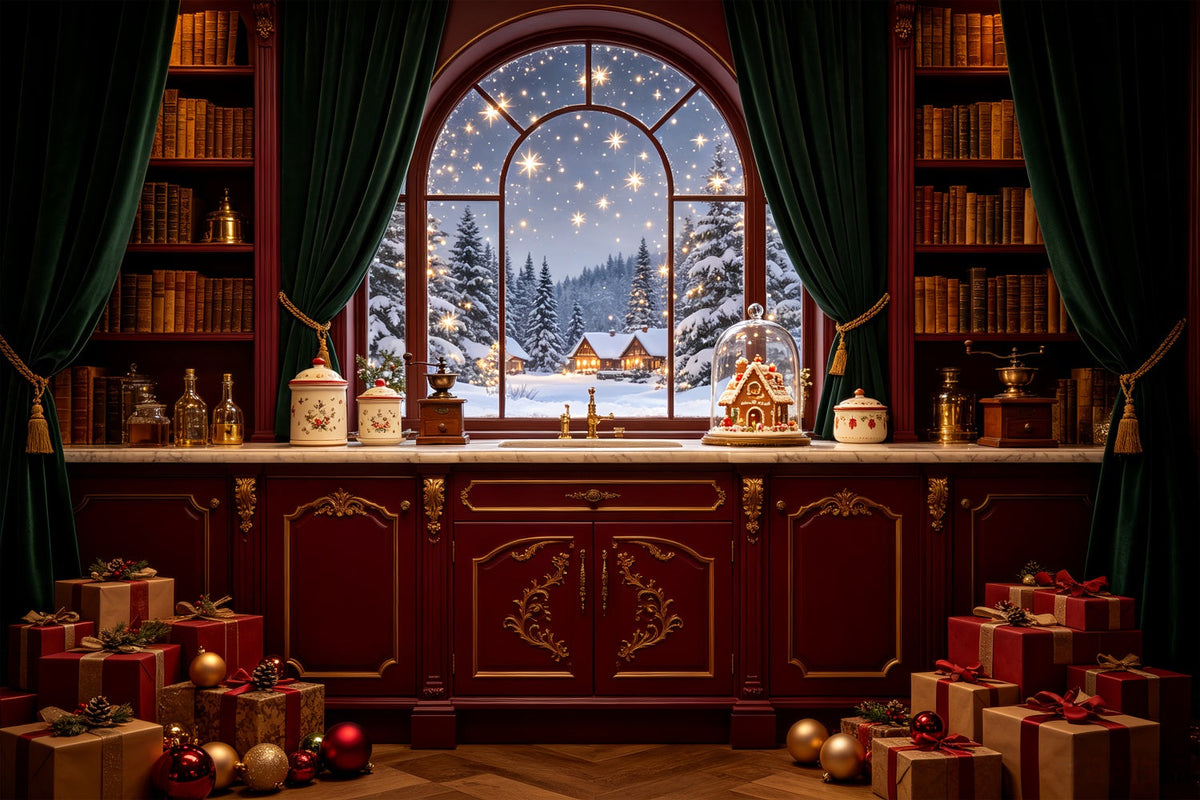 Christmas Night Backdrop Snowy Cottage Window Pantry Photography Christmas Backdrops UK CSH69-37