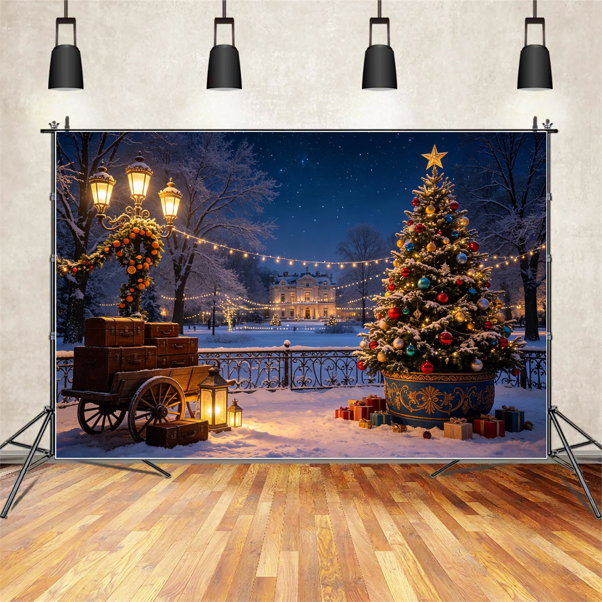 Winter Christmas Backdrop Grand Estate Tree Cart Backdrops Christmas UK CSH69-39