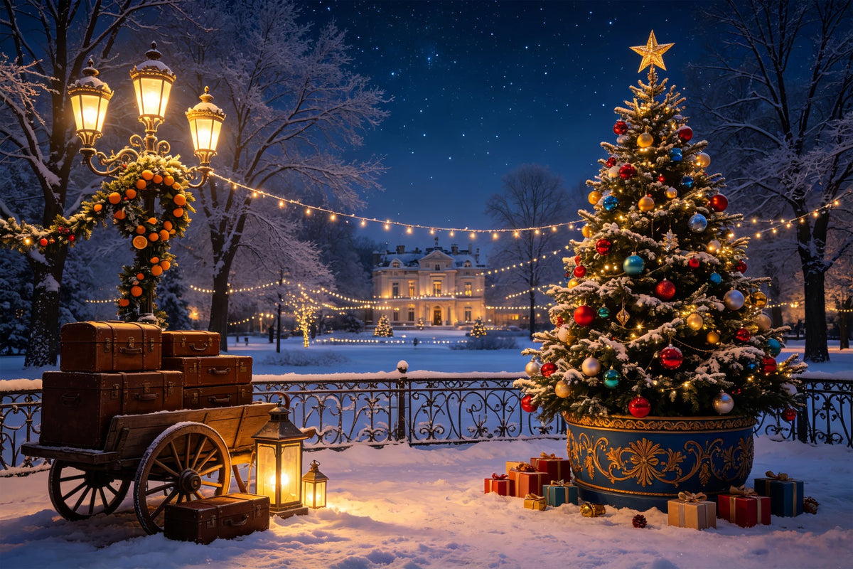 Winter Christmas Backdrop Grand Estate Tree Cart Backdrops Christmas UK CSH69-39