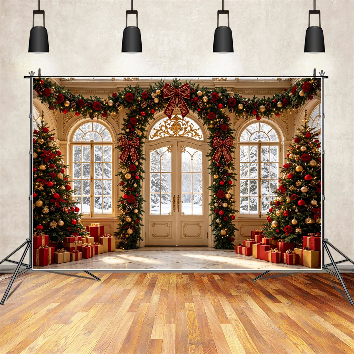 Christmas Living Room Backdrop Rose Garland Grand Entrance Christmas Wall Backdrops UK CSH69-43