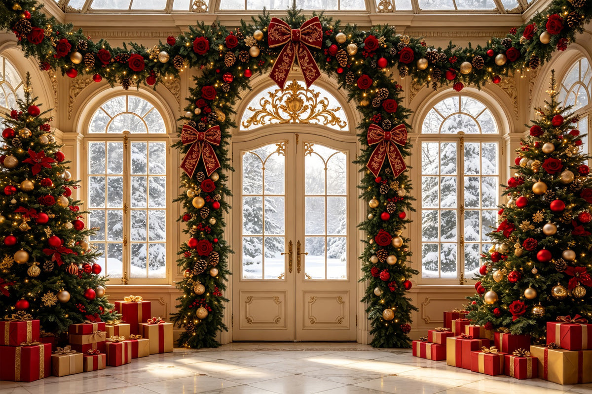 Christmas Living Room Backdrop Rose Garland Grand Entrance Christmas Wall Backdrops UK CSH69-43