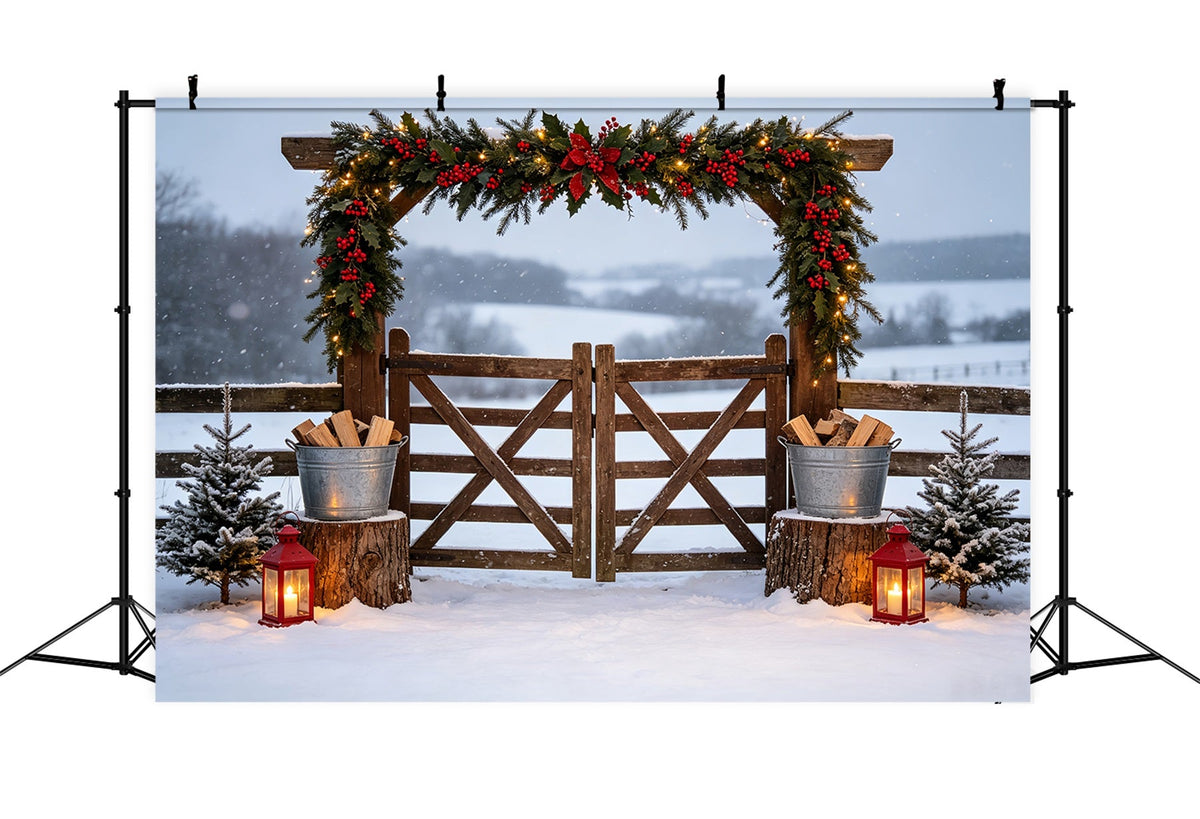 Country Christmas Backdrop Snowy Garland Farm Gate Photo Christmas Backdrops UK CSH69-49