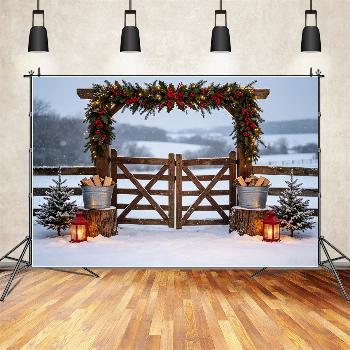 Country Christmas Backdrop Snowy Garland Farm Gate Photo Christmas Backdrops UK CSH69-49
