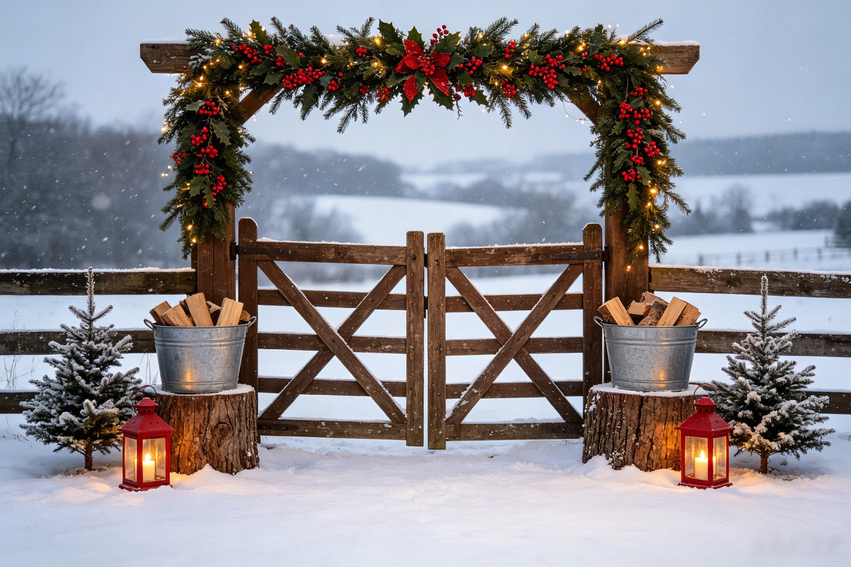 Country Christmas Backdrop Snowy Garland Farm Gate Photo Christmas Backdrops UK CSH69-49