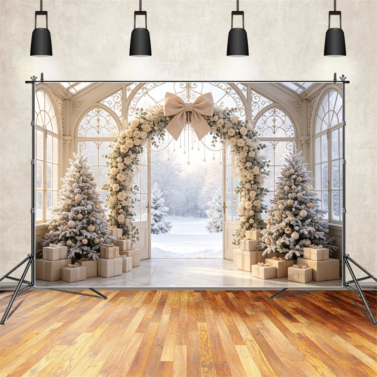 Snowy Christmas Backdrop Ivory Floral Archway Studio Christmas Backdrops UK CSH69-52