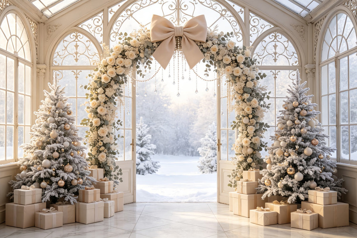 Snowy Christmas Backdrop Ivory Floral Archway Studio Christmas Backdrops UK CSH69-52