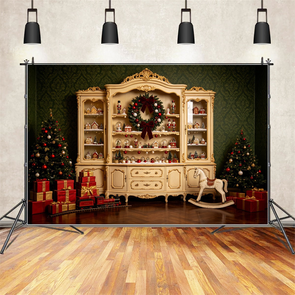 Rustic Christmas Backdrop Vintage Village Cabinet Display Wall Christmas Backdrop UK CSH69-53