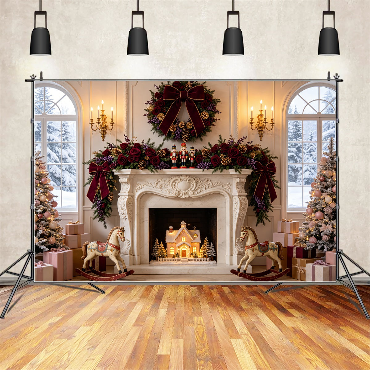 Christmas Fireplace Backdrop Burgundy Rose Mantel Decor Christmas Muslin Backdrop UK CSH69-54