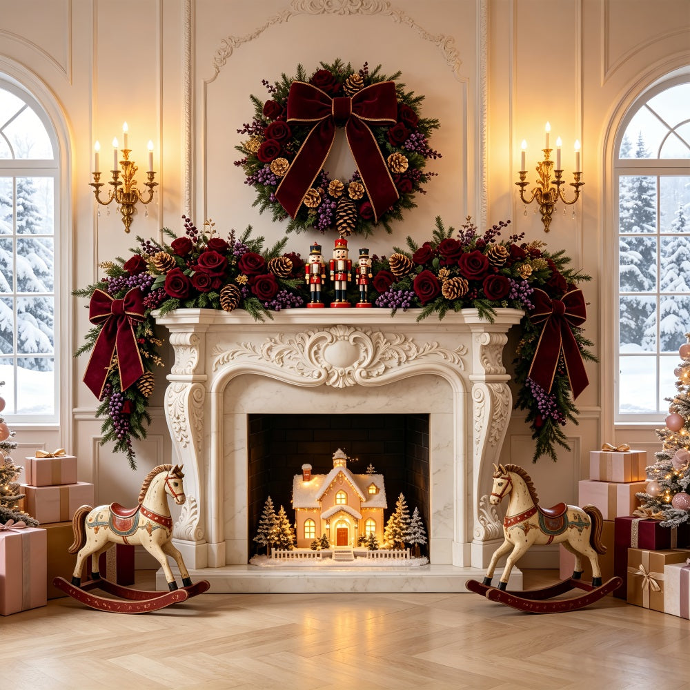 Christmas Fireplace Backdrop Burgundy Rose Mantel Decor Christmas Muslin Backdrop UK CSH69-54