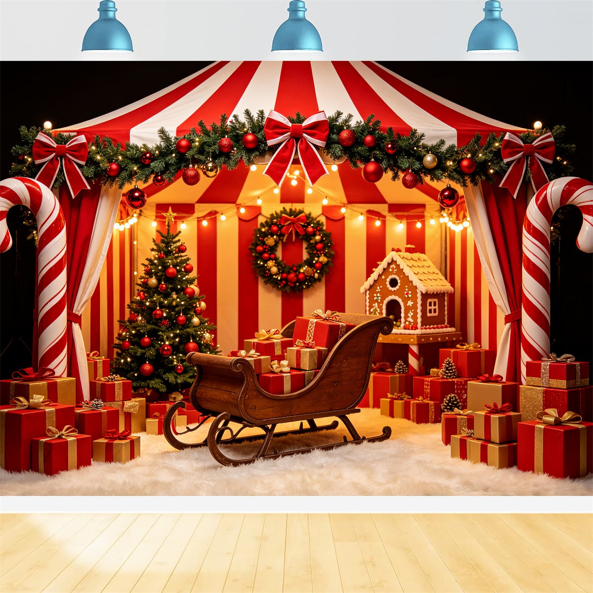 Santa Workshop Backdrop Candy Cane Tent Sleigh Display Christmas Backdrop For Party UK CSH69-58
