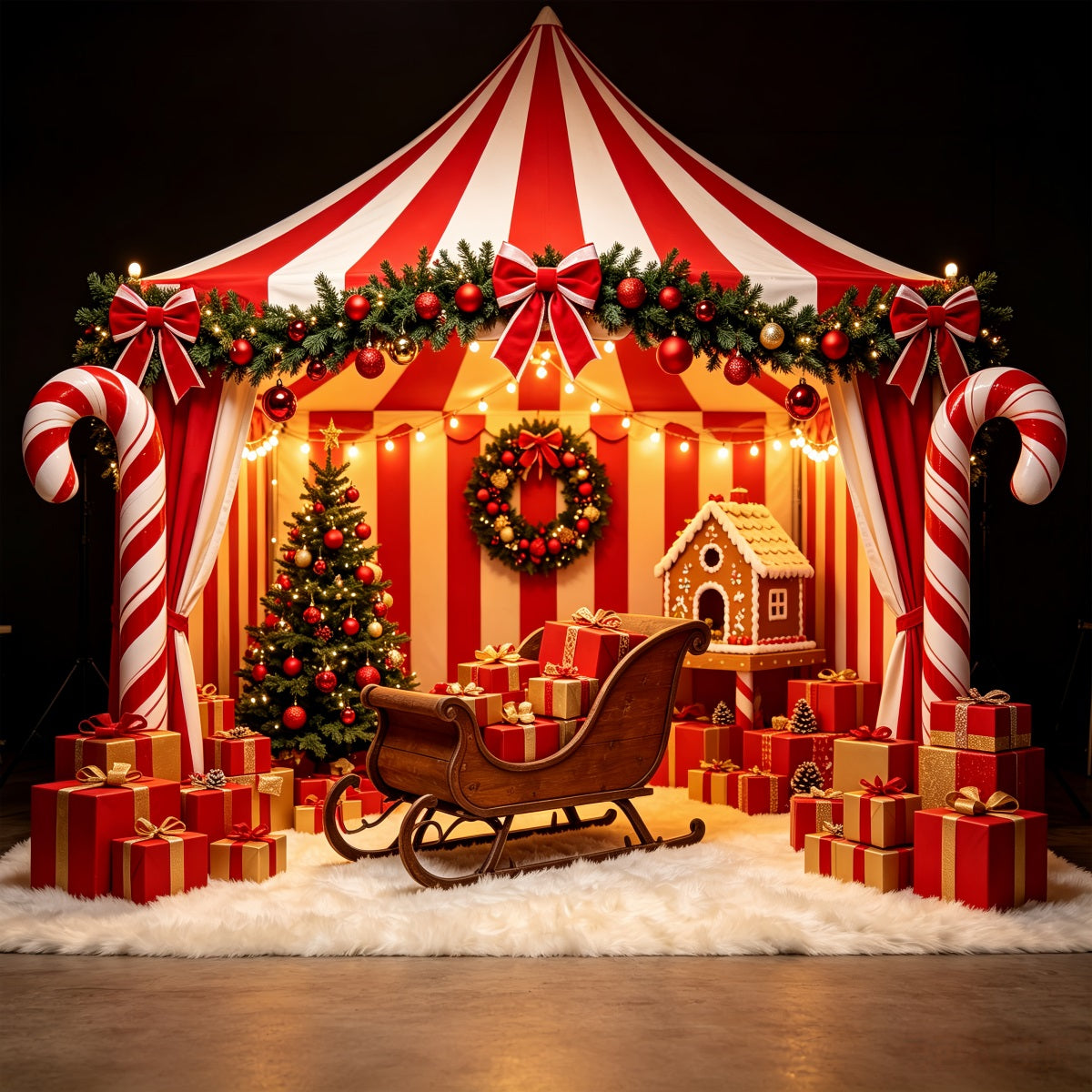 Santa Workshop Backdrop Candy Cane Tent Sleigh Display Christmas Backdrop For Party UK CSH69-58