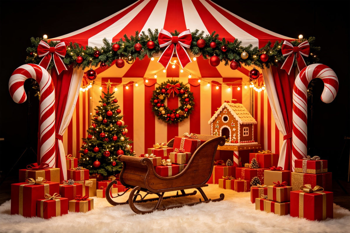 Santa Workshop Backdrop Candy Cane Tent Sleigh Display Christmas Backdrop For Party UK CSH69-58