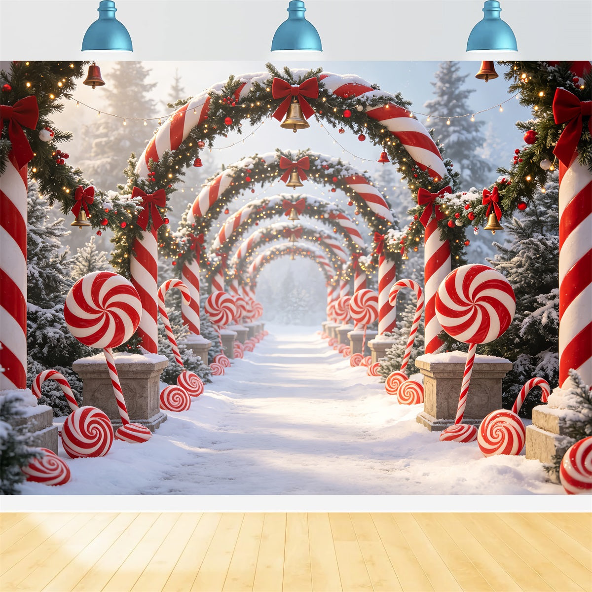 Candy Cane Lane Backdrop Snowy Forest Archway Pathway 3D Christmas Backdrop UK CSH69-59