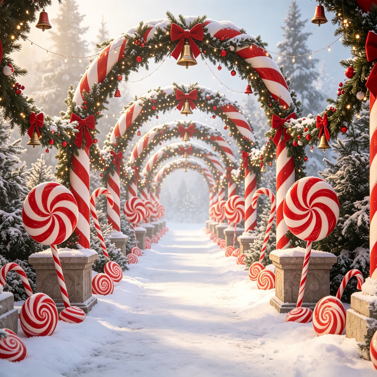 Candy Cane Lane Backdrop Snowy Forest Archway Pathway 3D Christmas Backdrop UK CSH69-59