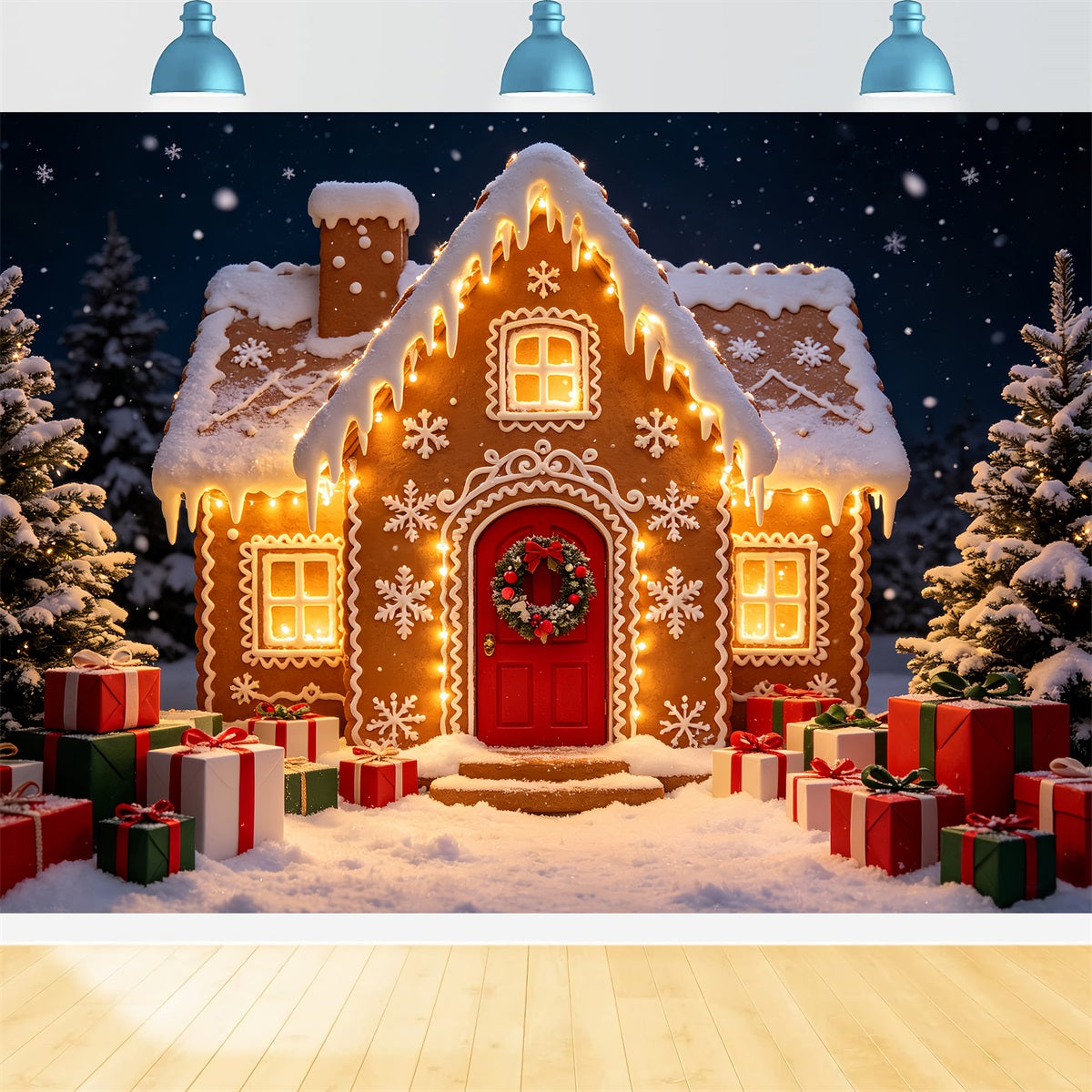 Gingerbread Photo Backdrop Snowy Forest Cabin Path Gingerbread House Backdrops UK CSH69-61