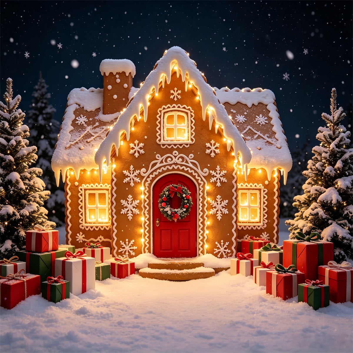 Gingerbread Photo Backdrop Snowy Forest Cabin Path Gingerbread House Backdrops UK CSH69-61