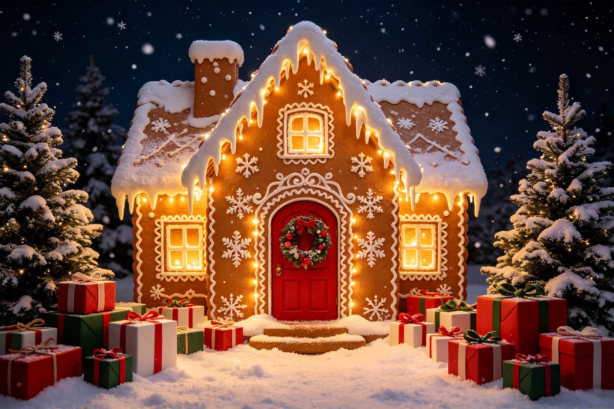 Gingerbread Photo Backdrop Snowy Forest Cabin Path Gingerbread House Backdrops UK CSH69-61