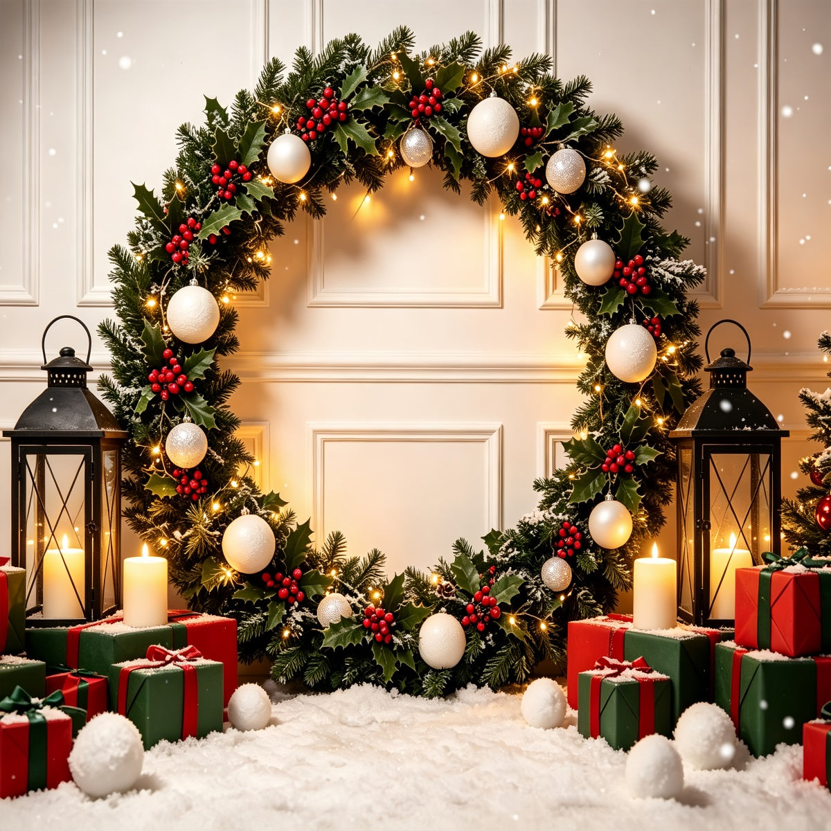 Christmas Photo Booth Backdrop Holly Lantern Gift Arch Christmas Backdrops Photography UK CSH69-62
