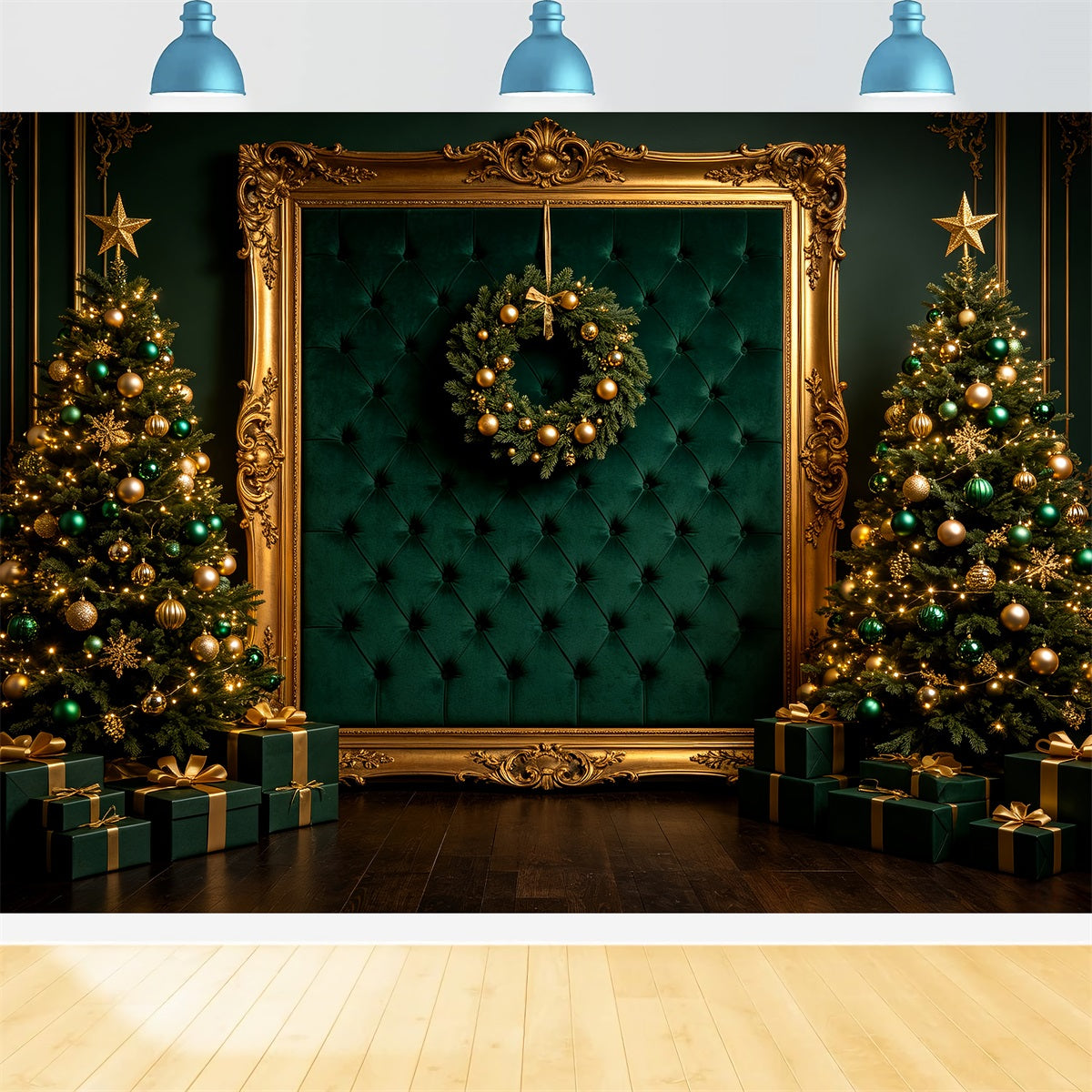 Christmas Portrait Backdrop Emerald Gold Frame Display Christmas Backdrops For Photos UK CSH69-65