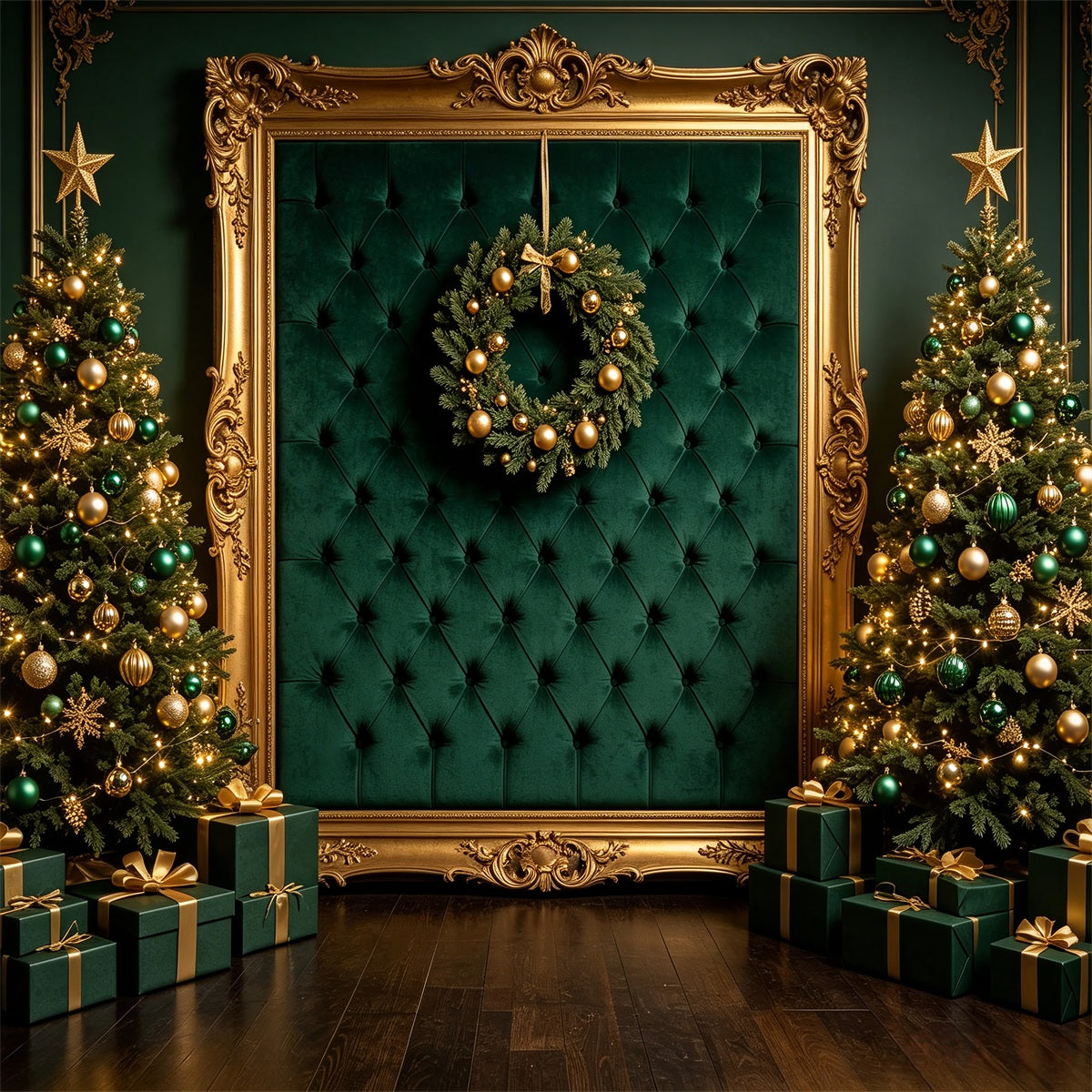 Christmas Portrait Backdrop Emerald Gold Frame Display Christmas Backdrops For Photos UK CSH69-65