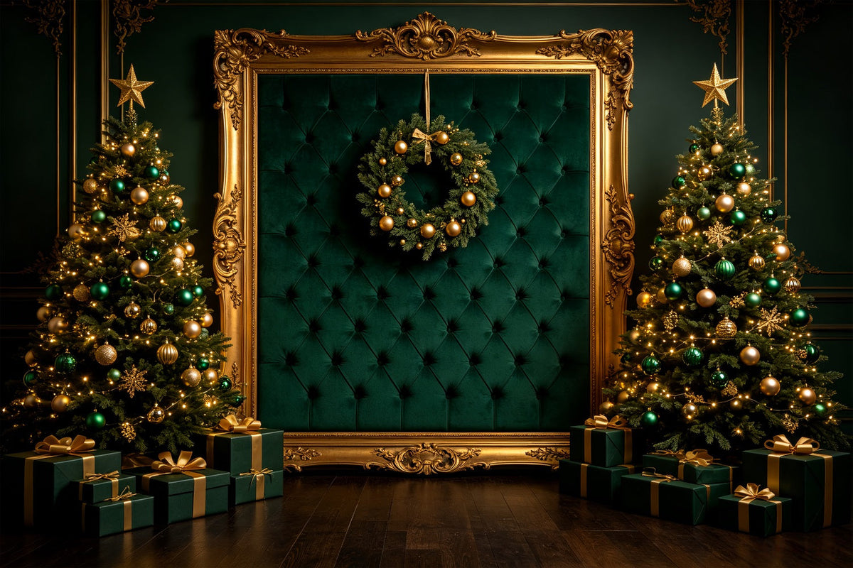 Christmas Portrait Backdrop Emerald Gold Frame Display Christmas Backdrops For Photos UK CSH69-65