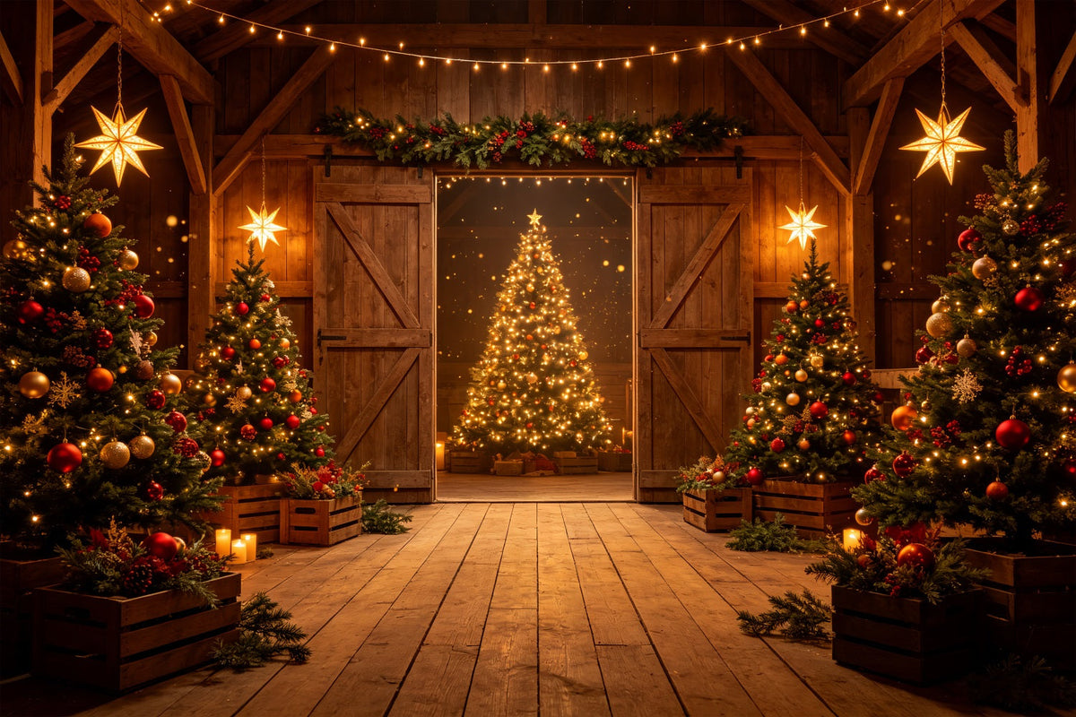 Western Christmas Backdrop Rustic Barn Tree Glow Christmas Outdoor Backdrop UK CSH69-67