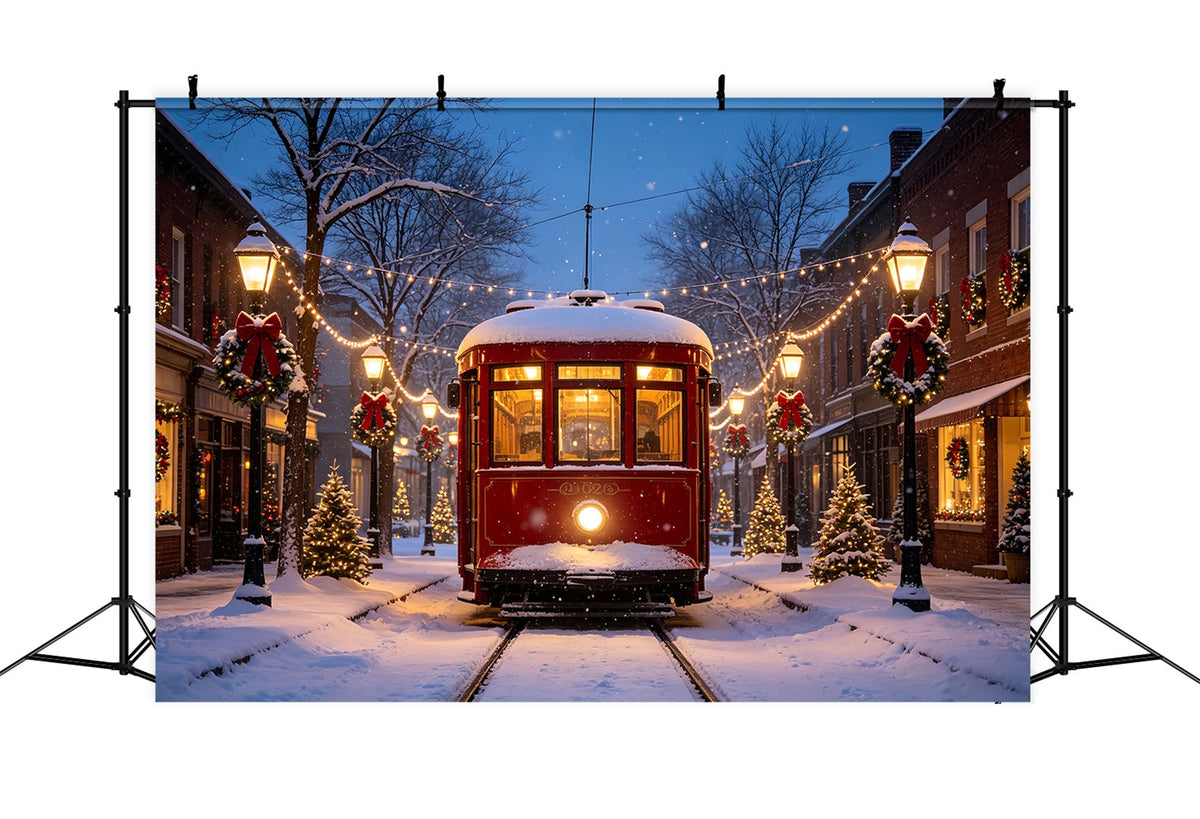 Christmas Village Backdrops Vintage Tram Snowy Street Backdrop For Christmas Village UK CSH69-68