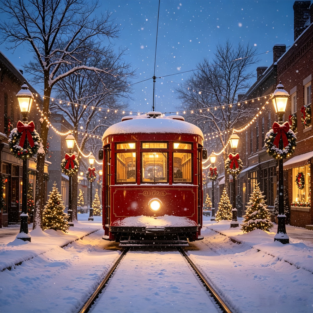 Christmas Village Backdrops Vintage Tram Snowy Street Backdrop For Christmas Village UK CSH69-68