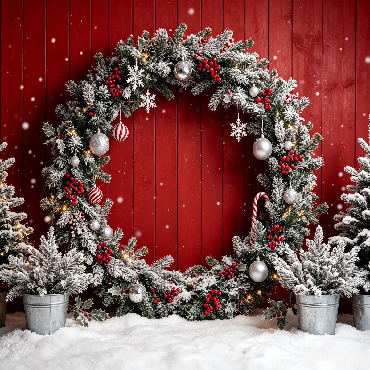 Christmas Photo Booth Backdrop Frosted Red Wreath Wall Christmas Backdrops Photography UK CSH69-69