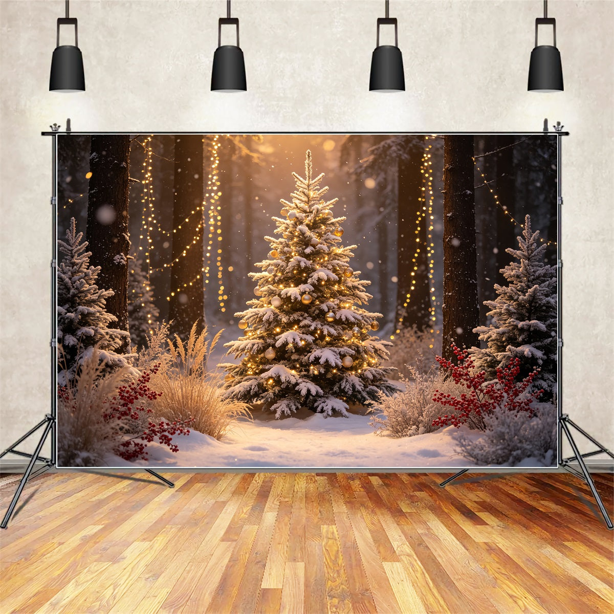 Christmas Tree Backdrop Glowing Forest Tree Lights Christmas Studio Backdrop UK CSH69-7