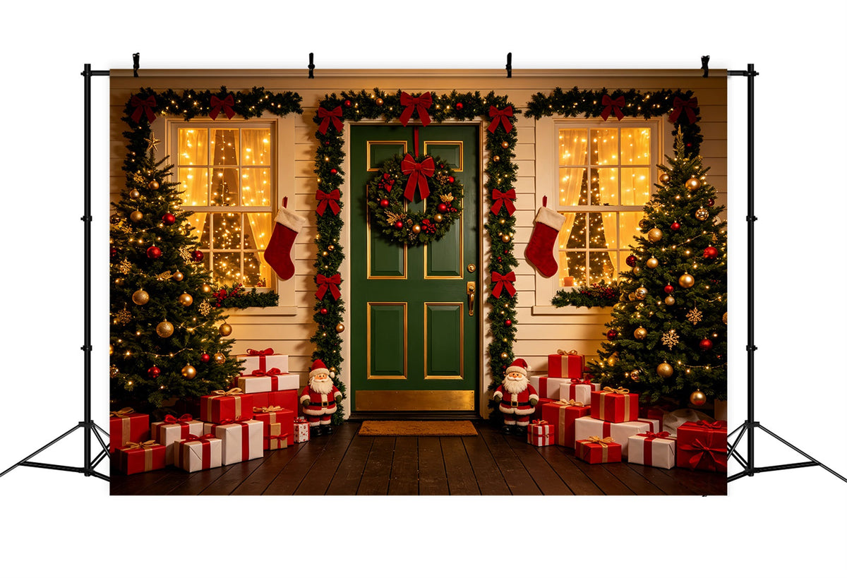 Outdoor Christmas Backdrop Green Door Wreath Entrance Xmas Backdrop UK CSH69-73