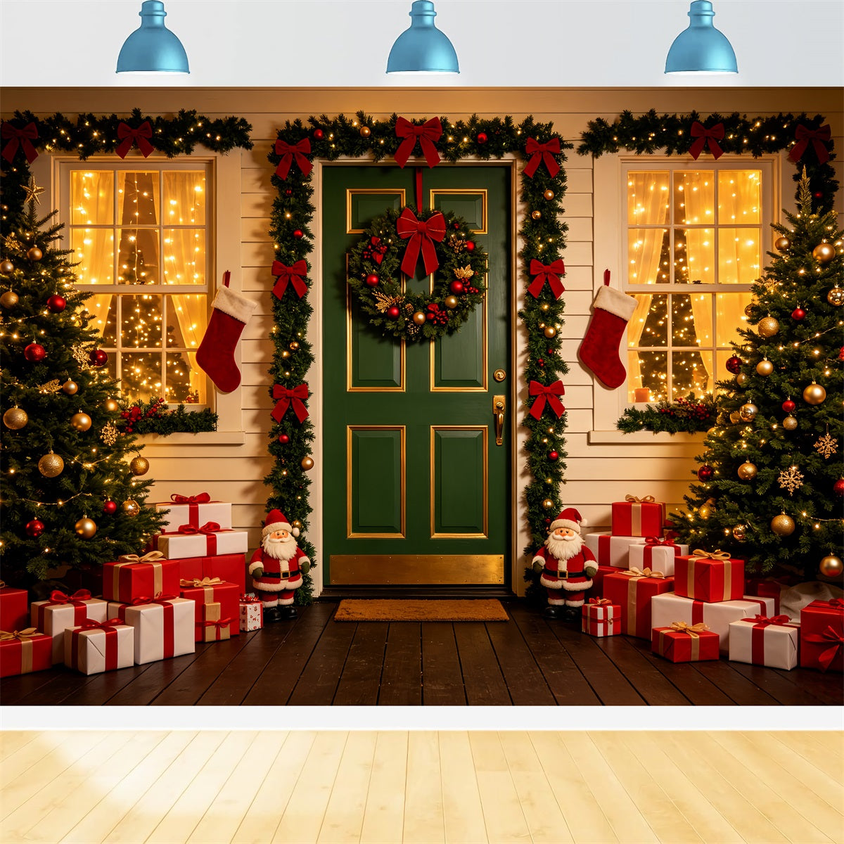 Outdoor Christmas Backdrop Green Door Wreath Entrance Xmas Backdrop UK CSH69-73