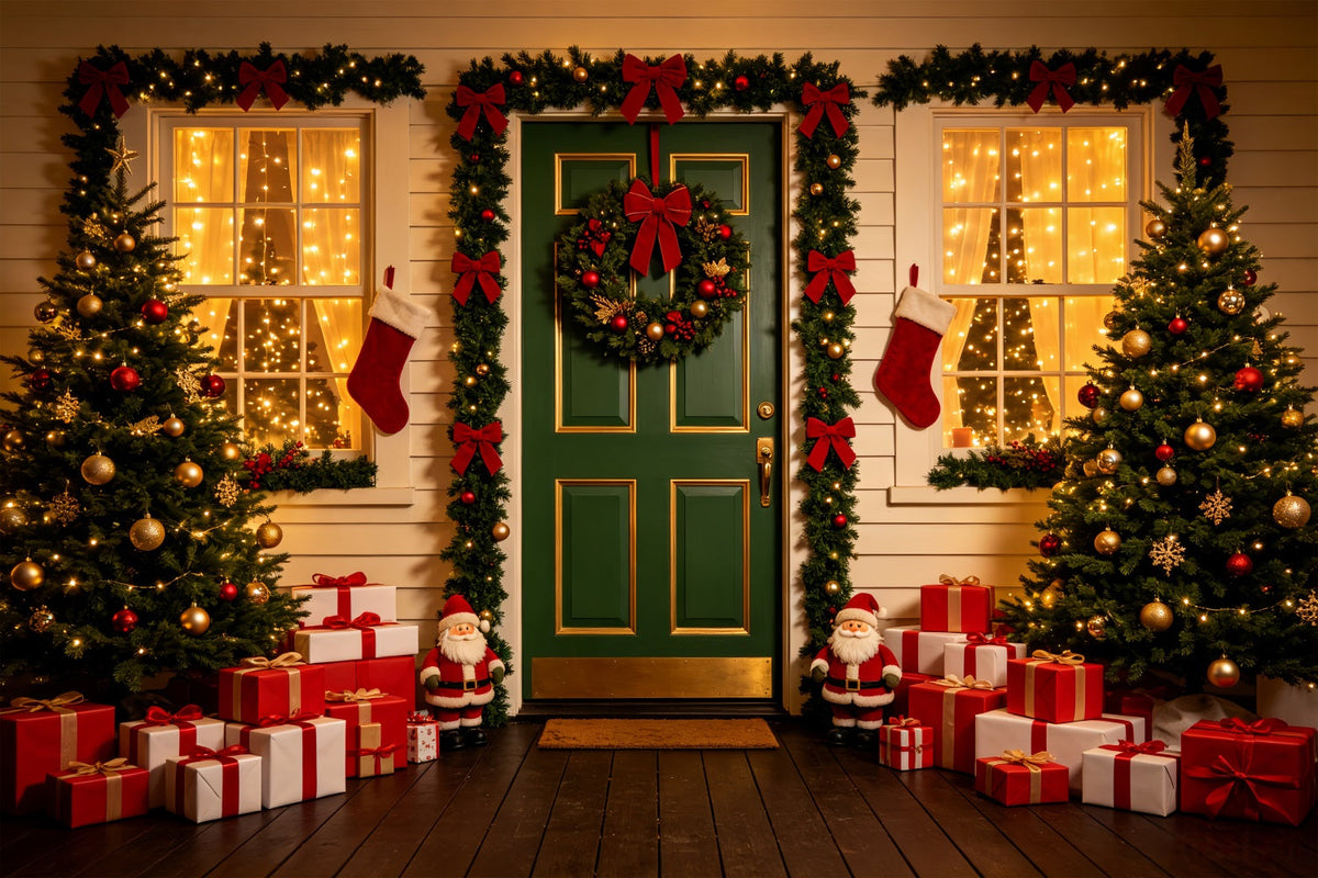 Outdoor Christmas Backdrop Green Door Wreath Entrance Xmas Backdrop UK CSH69-73