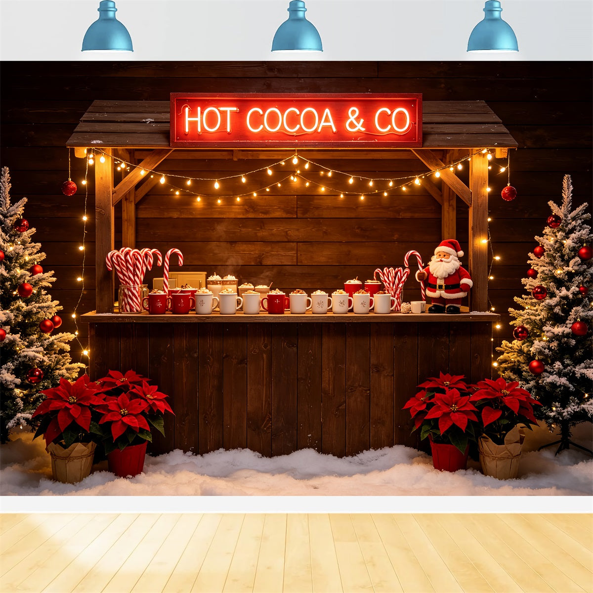 Christmas Backdrop For Party Hot Cocoa Wooden Bar Christmas Party Backdrop UK CSH69-74