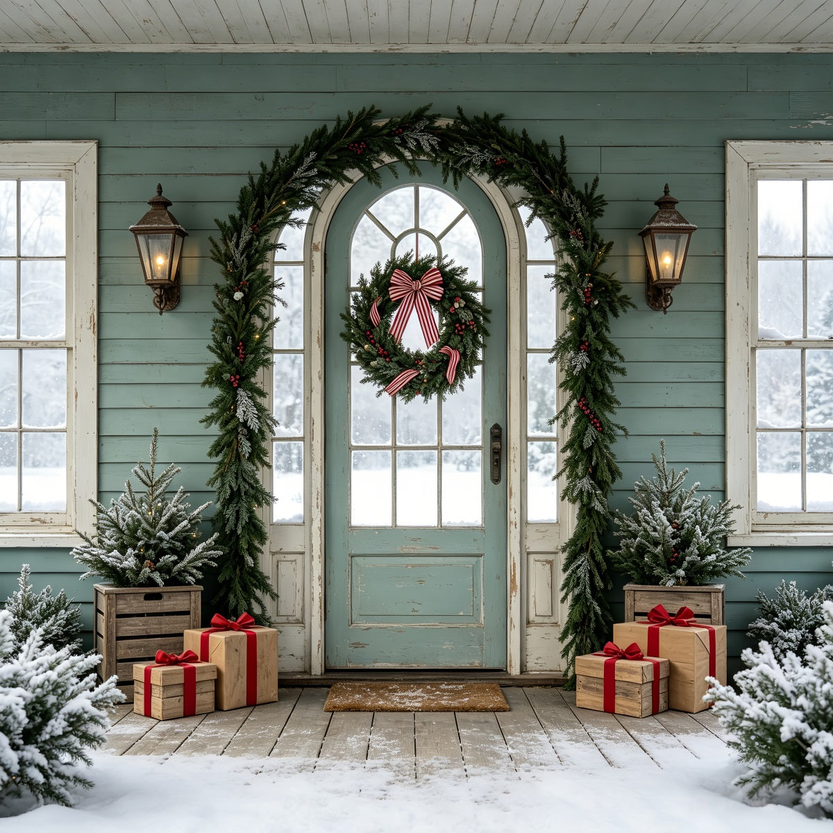 Christmas Card Backdrop Frosted Green Doorway Xmas Backdrop UK CSH69-77