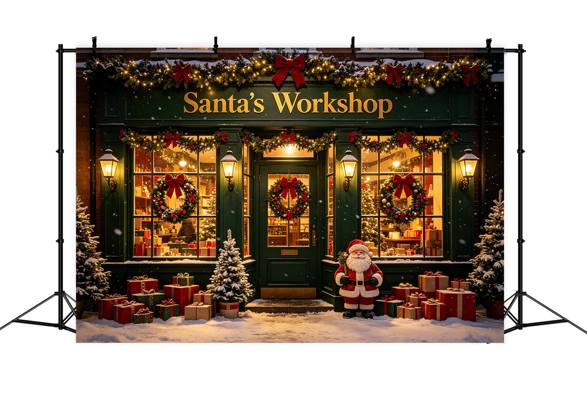 Santa's Workshop Photo Backdrop Snow Green Storefront Santa Photo Backdrop UK CSH69-78