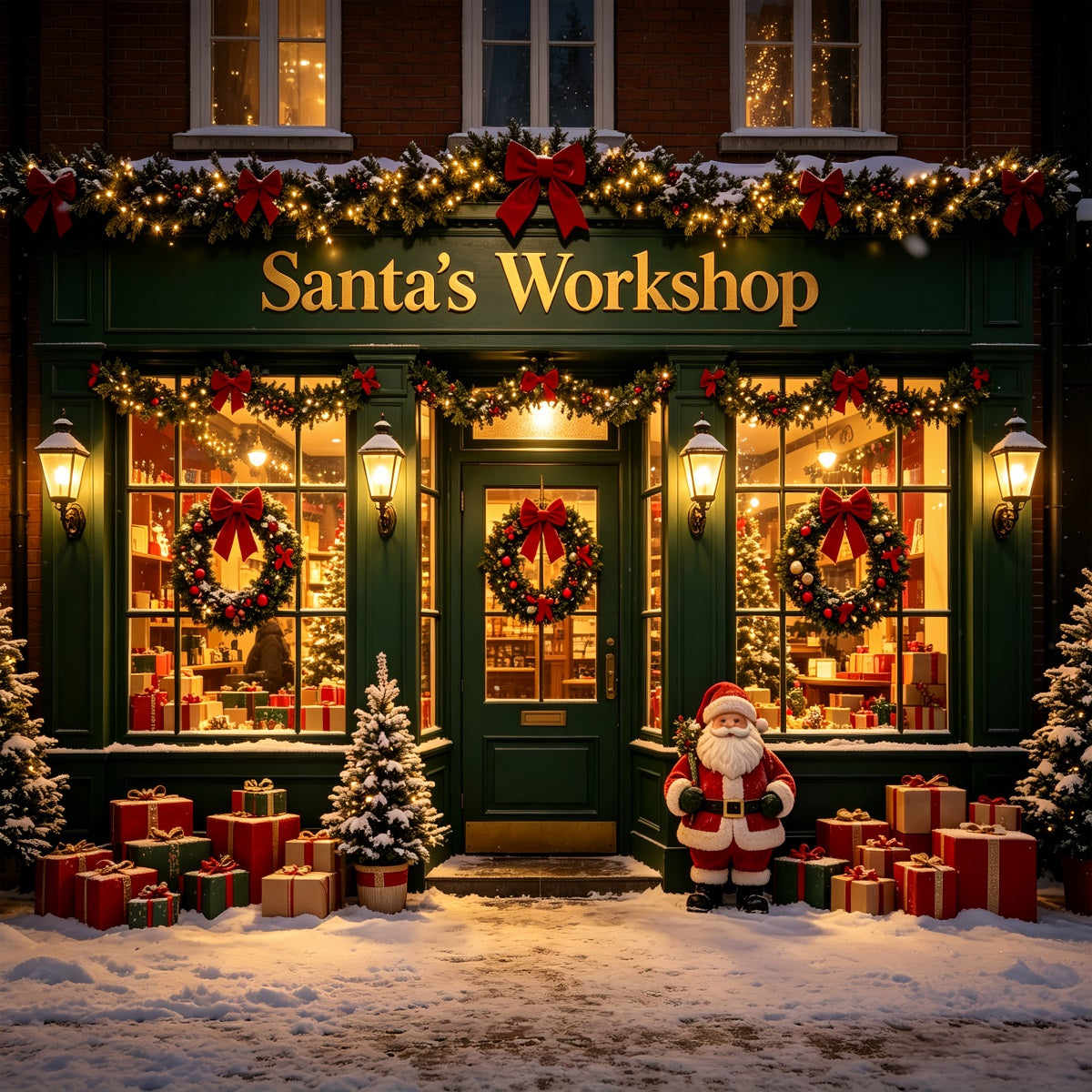 Santa's Workshop Photo Backdrop Snow Green Storefront Santa Photo Backdrop UK CSH69-78