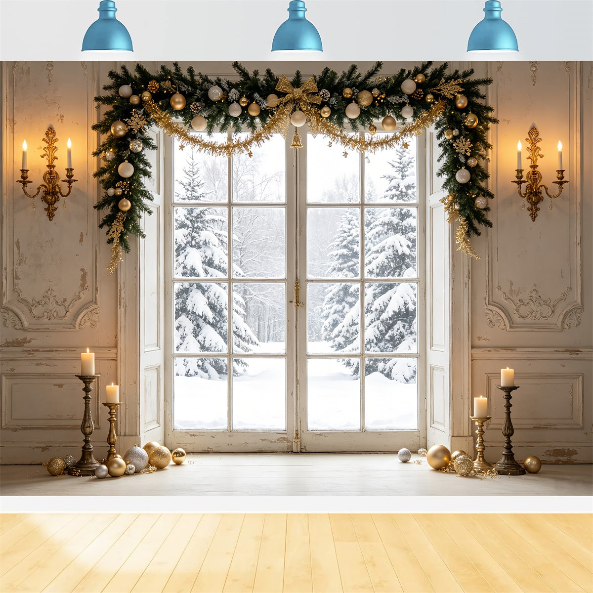 Christmas Window Backdrop Winter Pine Door View Christmas Portrait Backdrop UK CSH69-80